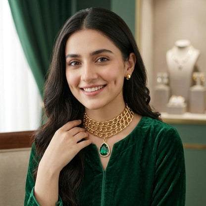 Gold Chain Choker with Emerald Teardrop