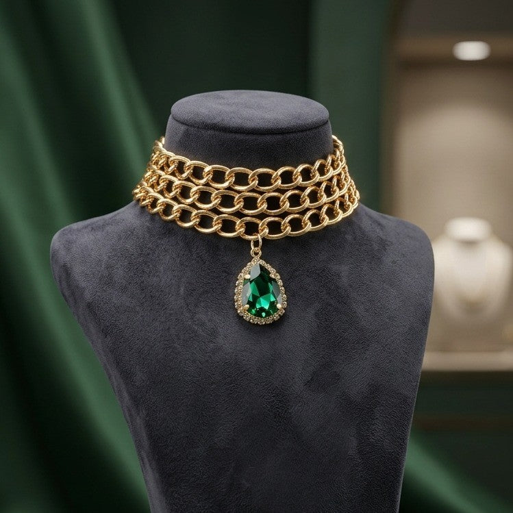 Gold Chain Choker with Emerald Teardrop