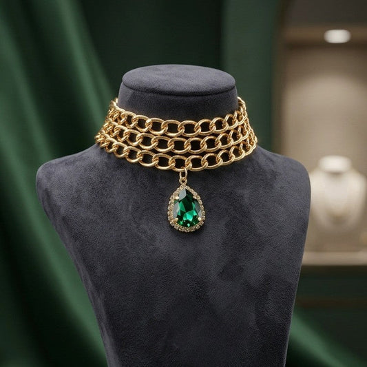 Gold Chain Choker with Emerald Teardrop