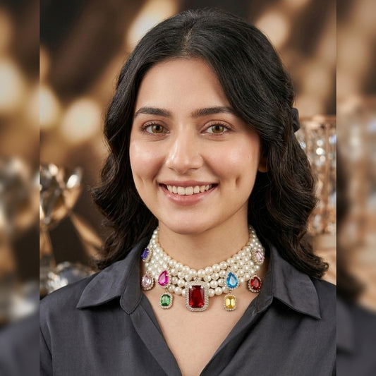 Infinity Multi-Gem Drop Pearl Strand Choker