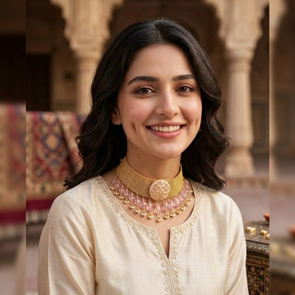 Maharani Pastel Pink Kundan Broad Mesh Choker