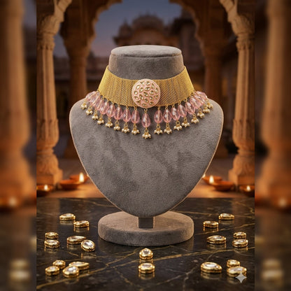 Maharani Pastel Pink Kundan Broad Mesh Choker