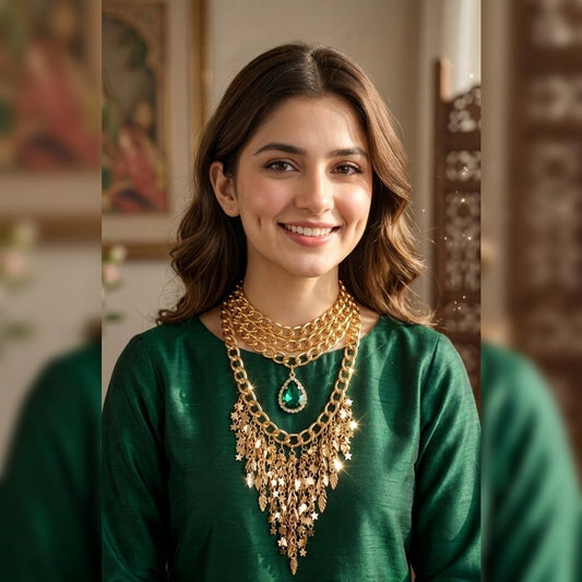 Premium Gold-Plated Layered Emerald Teardrop Necklace