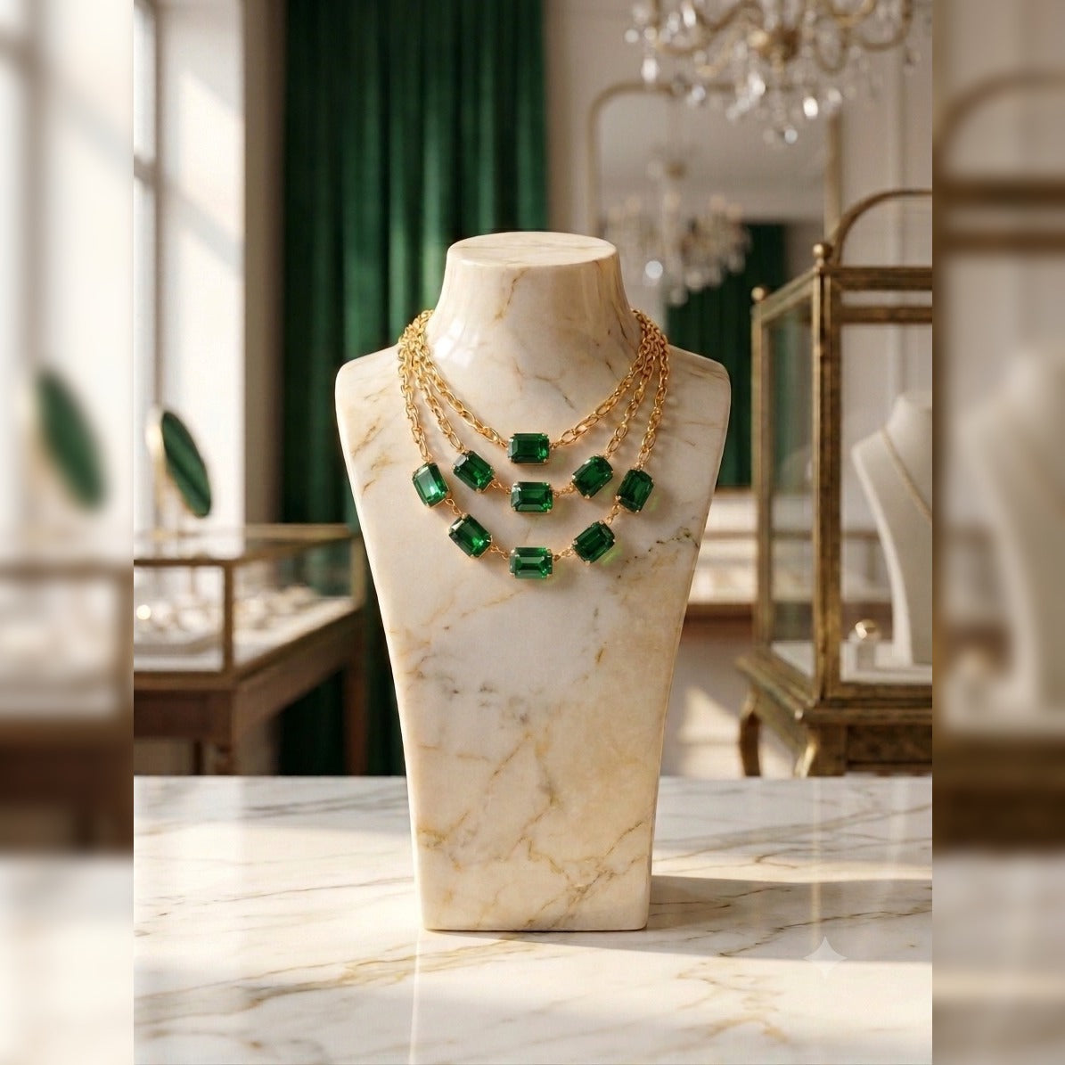 Womens Festive Three-Tier Rectangle Cut Stone Necklace