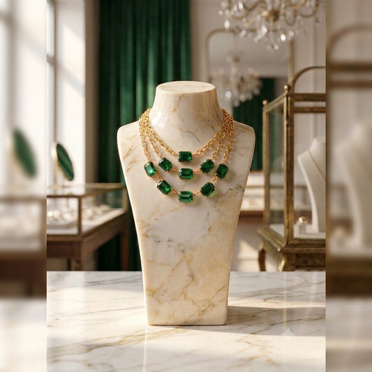 Womens Festive Three-Tier Rectangle Cut Stone Necklace