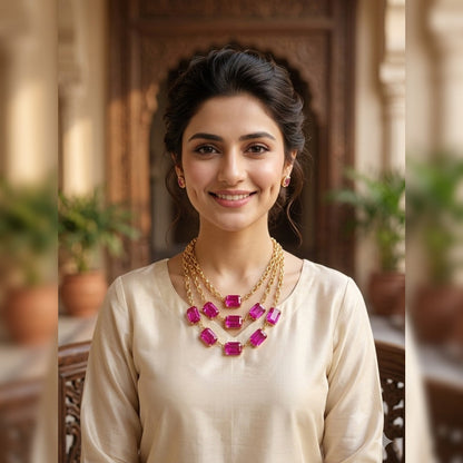 Womens Festive Three-Tier Rectangle Cut Stone Necklace